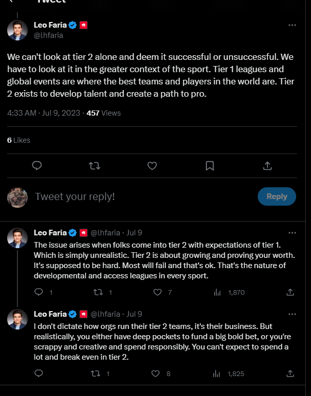 CoachSebe's tweet image. Very disheartening to read this from a RIOT official. I believe that t2 should already be a professional stage.  You can't go from amateuer to t1. T2 need to stand on it's own and players need fulltime support to reach the t1 stage.

 If it's not sustainable, it'll die.
#saveT2