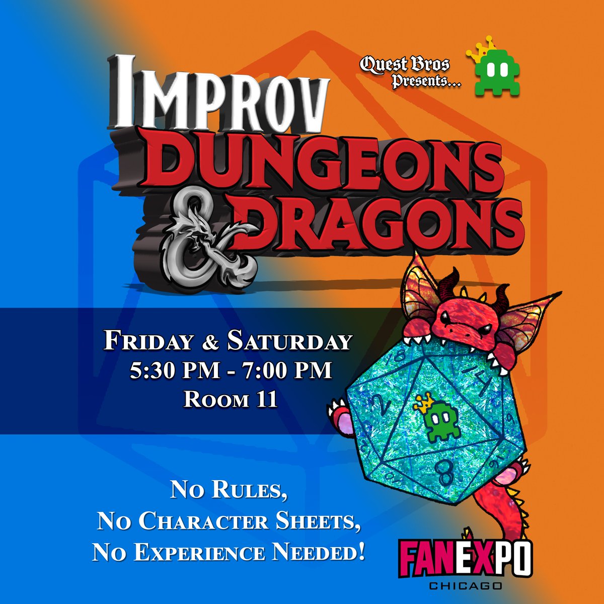 QuestBros's tweet photo. ANNOUNCEMENT! Come and be a part of Improv D&D at #fanexpochicago on Friday AND Saturday! Both shows will be from 5:30-7:00PM in Room 11. We are super excited and can't wait to see you there! #fanexpo #panel #dnd #improv #improvdnd #questbros #ComicCon #Chicago https://t.co/PTFVPzCtzY