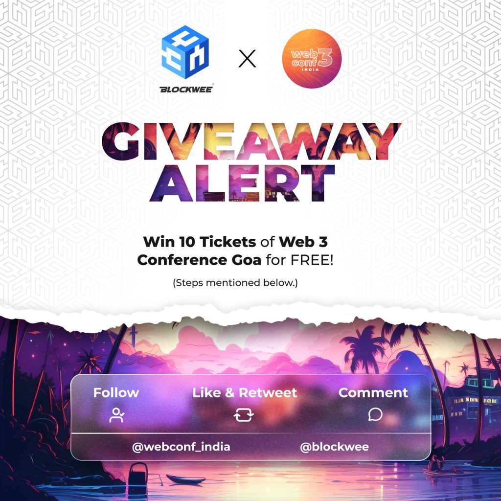 🚨GIVEAWAY ALERT🚨

Want to win a free ticket to Web3 Conf Goa event in India? 🇮🇳

Follow these steps:

1) Follow <a href="/web3conf_india/">Web3Conf India</a> and <a href="/blockwee/">Blockwee</a> on Twitter and Insta
2) RT and tag 2 friends
3) Comment why do you want to attend the event?

10 winners will get a Conference Only pass