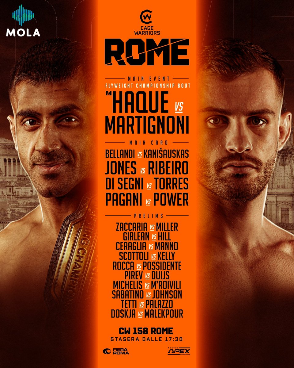 _Como_TV's tweet photo. Il tempo è ormai finito‼️
È ora di combattere 🤼♂🇮🇹
Ecco la card completa di @CageWarriors 158 che ci accompagnerà fino a stasera, fino all'attesissimo incontro tra #Martignoni e #Haque 🔥
Live dalle 17:30 su #Mola 📲
Main card ore 21:00 ⏰
#CageWarriors #CWRoma #CW158 https://t.co/YQVUTDp6VF