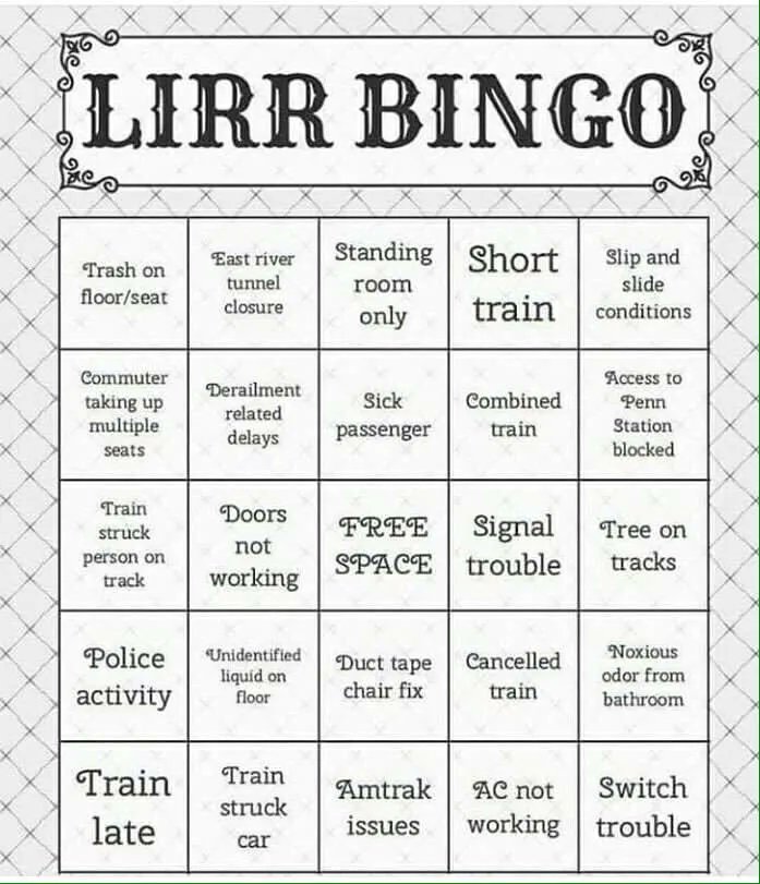 LIConnection's tweet photo. Have fun playing some LIRR Bingo
#longisland #longislandproblems #longislandfacts #longislandconnection #lifacts #longislandrailroad #lirr https://t.co/acG1HYiPh0