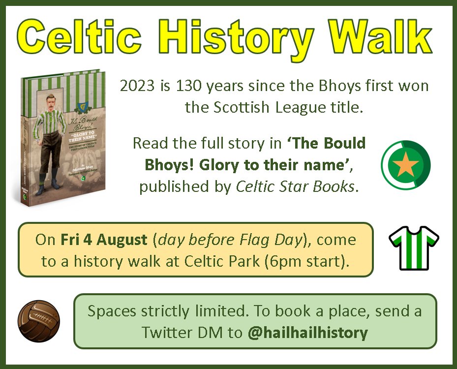 🍀 CELTIC HISTORY WALK 🍀 Friday 4 Aug 6pm-8pm Celtic Park area Next Saturday is Flag Day - and 130 years since Celtic first got a league flag. The night before, I am hosting a free Celtic history walk, telling the story of this and the club's early years. DM to book a space.