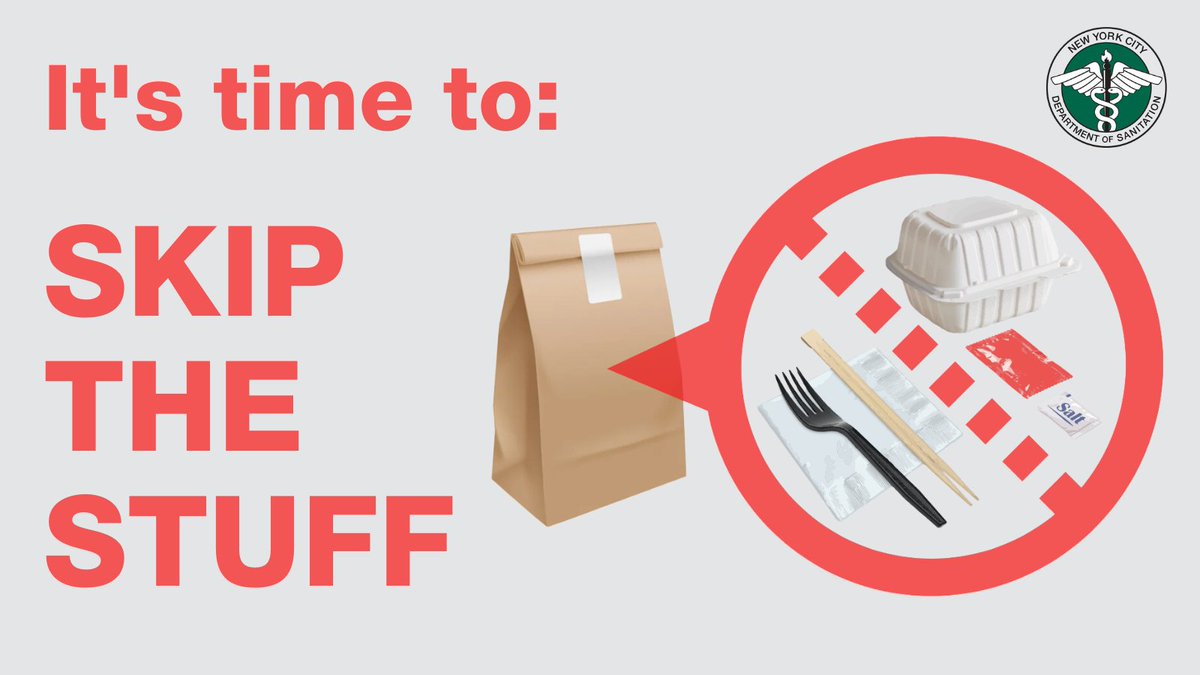 It's time to SKIP THE STUFF, NYC!

No more plastic forks, ketchup packets and piles and piles of napkins gathering in our kitchen junk drawers, just waiting their turn to...end up in the trash. 

New rules start July 31. Learn more: nyc.gov/skipthestuff.