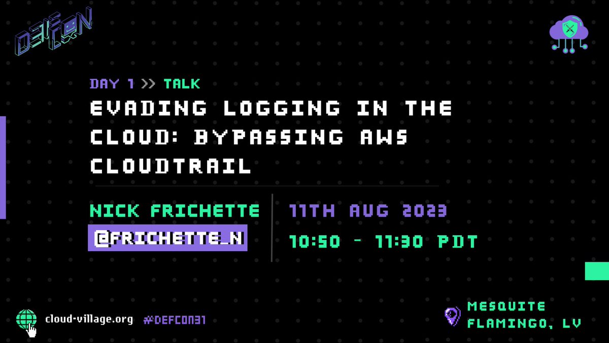 cloudvillage_dc's tweet photo. 🎙️ Join us on Day 1 for “Evading Logging in the Cloud: Bypassing AWS CloudTrail” by @Frichette_n on August 11th at 10:50 PDT at @cloudvillage_dc @defcon 🎉
📝More details on https://t.co/D6EW59ivR9
#cloudsecurity #AWS #defcon31 https://t.co/UxkDkc6Gei