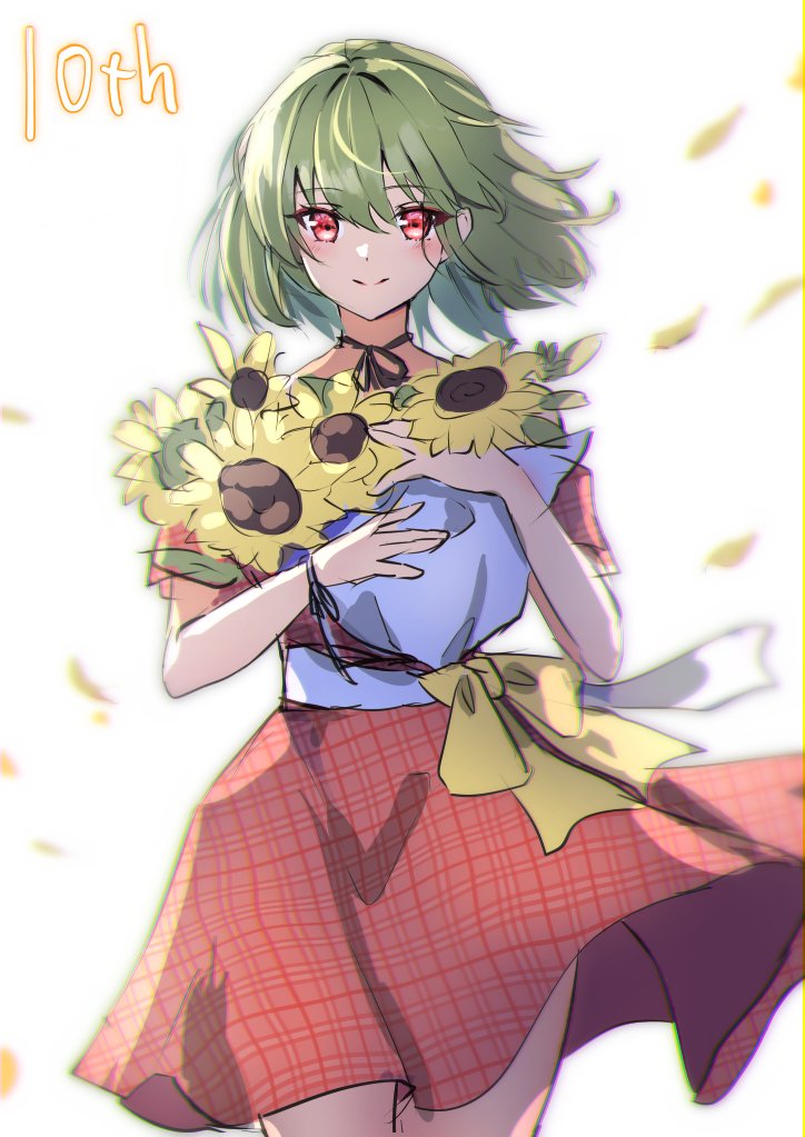 kazami yuuka 1girl solo green hair flower sunflower red eyes smile  illustration images