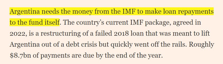 BenjaminNorton's tweet photo. Argentina just made a deal with the US-controlled IMF for a loan to... pay back another loan to the IMF.

The IMF is the master of imperial debt traps.

When Argentina was ruled by right-wing oligarch President Macri, the Trump admin ordered the IMF to give him the biggest loan in history ($57 billion). Trump was trying to influence Argentina's 2019 election to help the right.

Despite the US meddling, Macri lost, and the center-left won. But the new government was stuck with unpayable IMF debt, which has devastated Argentina's economy and fueled hyper-inflation.