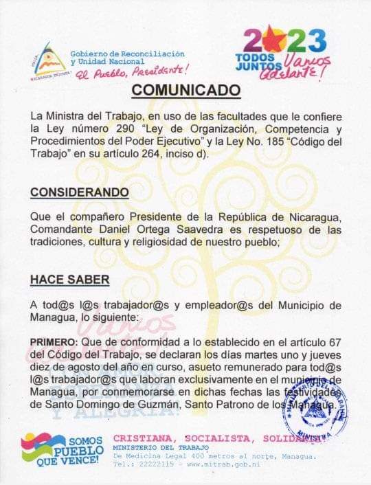 huella_sandinis's tweet photo. Comunicado emitido por el Ministerio del Trabajo por parte del Gobierno de #Nicaragua para el 1 de Agosto y 10 de agosto para todas las Empresas de Managua en conformidad con las Leyes Laborales.
#UnidosEnVictorias
@Atego16 @Amanecerabz @RDRFSLN_ @vanepaznic https://t.co/MD1wUyv21s