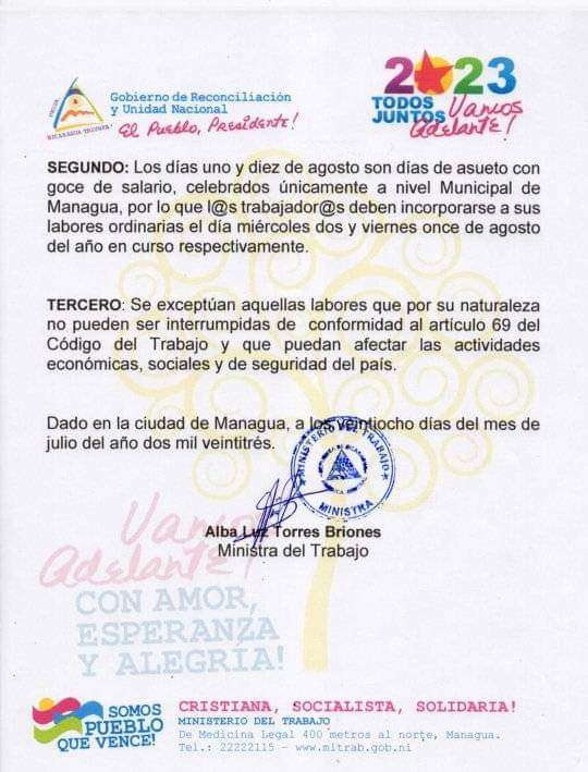 Comunicado emitido por el Ministerio del Trabajo por parte del Gobierno de #Nicaragua para el 1 de Agosto y 10 de agosto para todas las Empresas de Managua en conformidad con las Leyes Laborales.
#UnidosEnVictorias
<a href="/Atego16/">@🅰🆃🅴🅶🅾 🇳🇮</a> <a href="/Amanecerabz/">#TodosSomosDaniel🇳🇮Amanecerabz</a> <a href="/RDRFSLN_/">RDRFSLN_🇳🇮❤🖤</a> <a href="/vanepaznic/">✌🆅🅰🅽🅴🆂🆂🅰 🅿🅰🆉🇳🇮🕊</a>
