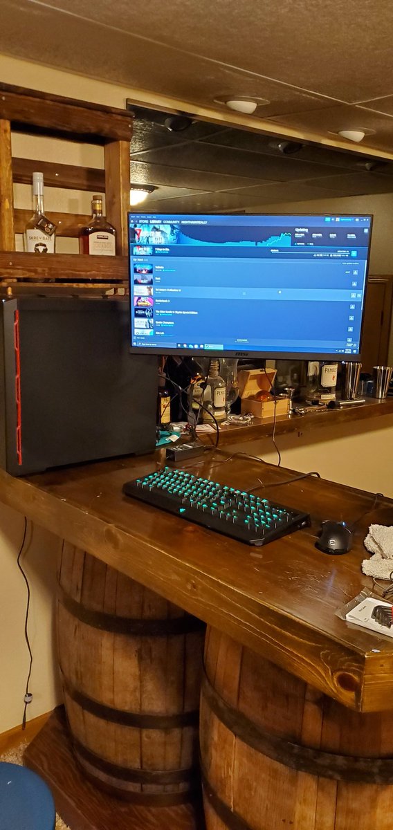 nighthawkreally's tweet photo. My temporary pc setup. Once I build my desk I'll be able to get my dual monitor setup back. Better than nothing though in the meantime. #pcgaming #streamer https://t.co/DyugOBR4qn