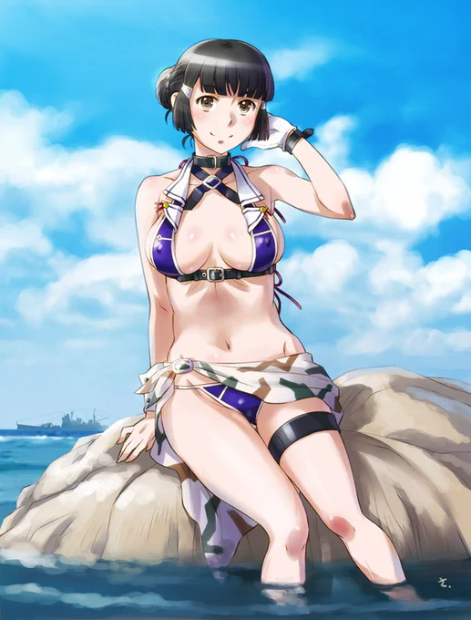 #暑いので涼しげな画像を貼る #艦これ #妙高自分の水着絵は大体陽射しが強くて暑そうなんだけど、これはそうでもない? 