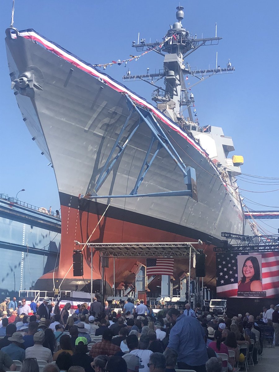 jason_claffey's tweet photo. Christening ceremony today at @GDBIW for USS Harvey C. Burnham, Jr., the shipyard’s 40th Arleigh Burke-class destroyer https://t.co/97KsAk8S4C