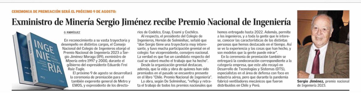 hdesolminihac's tweet photo. Aquí esta mejor la imagen de la nota en @ElMercurio_cl sobre el Premio Nacional de Ingeniería 2023 del @IngenierosCHILE https://t.co/9t1HJnzHHf