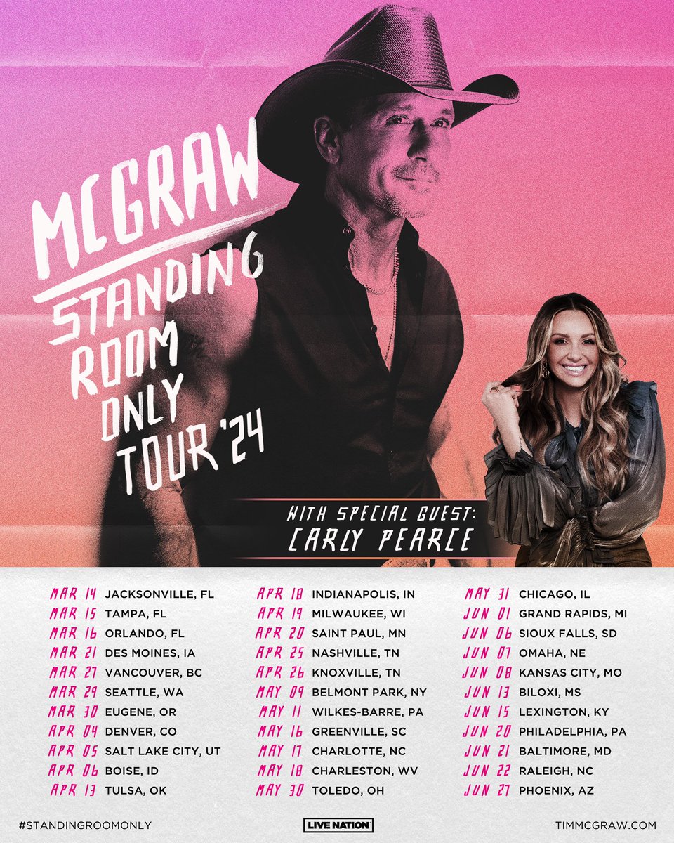 .<a href="/carlypearce/">Carly Pearce</a> will join @thetimmcgraw on the #StandingRoomOnly Tour in 2024!⚡️Tickets on sale Friday 8/4 at 10am local.