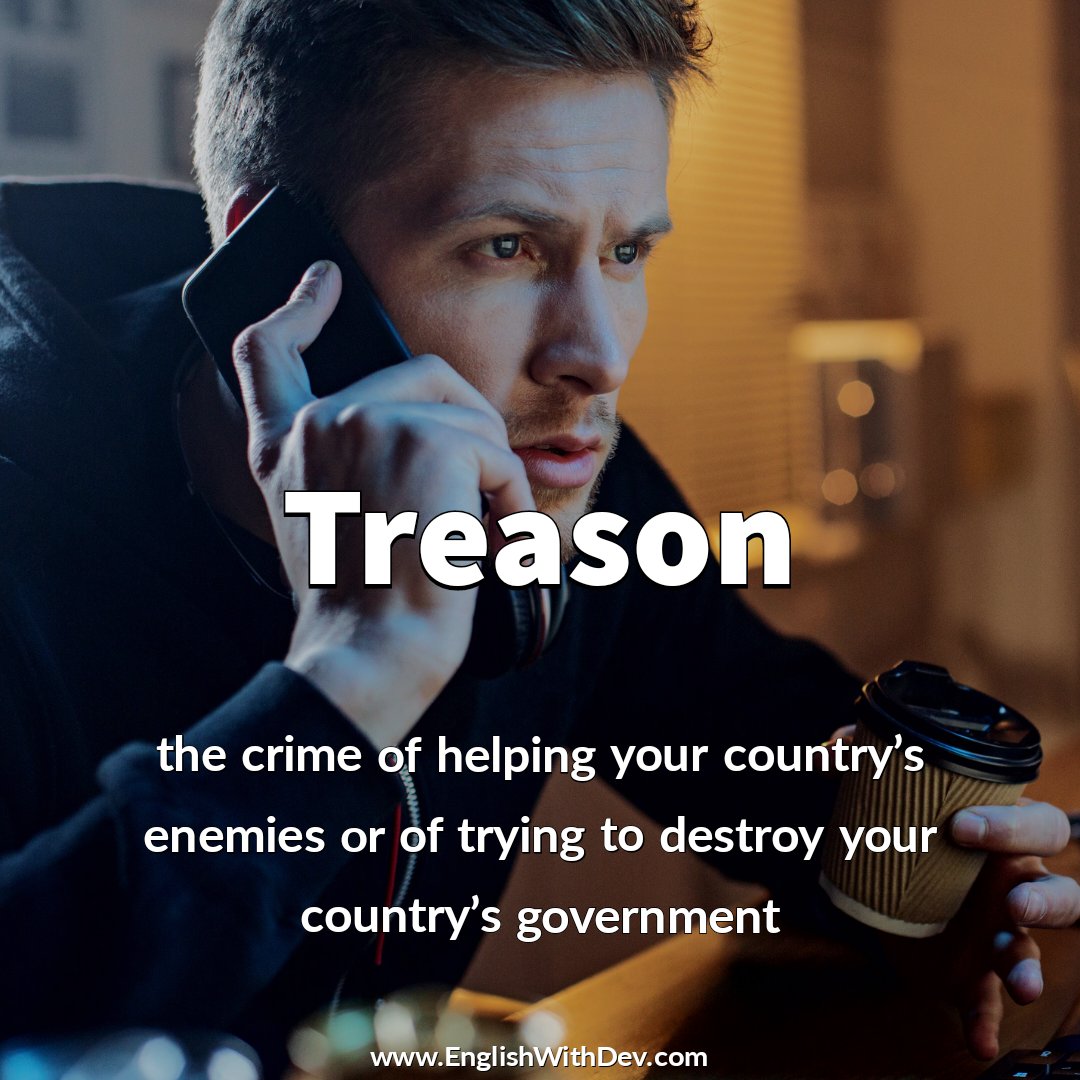 Word - Treason 

🗣️ /ˈtriː.zən/

Meaning - the crime of helping your country's enemies or of trying to destroy your country's government

Example - In 1606 Guy Fawkes was executed for treason.

#EnglishWithDev #vocab #learnenglish #englishvocab #vocabulary #wordoftheday #treason