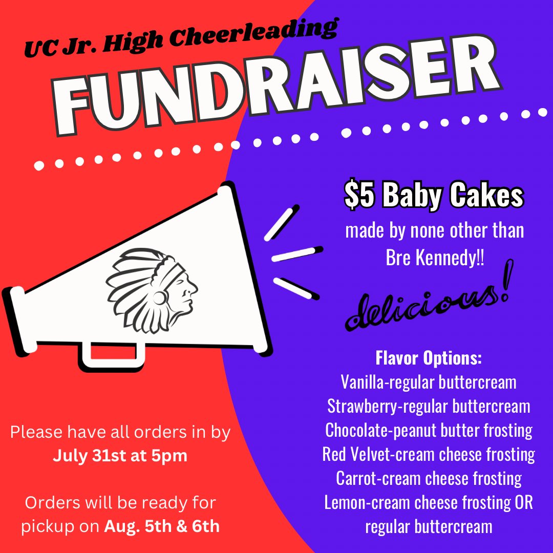 UCJHcheer's tweet photo. IT’S FUNDRAISER TIME 🎉🎉

Please help support your UC Jr. Cheerleaders and order some delicious Baby Cakes!!

All proceeds will go towards new warm ups, shoes, bows, etc. 

Thank you in advance for all your help ❤️💙 https://t.co/097XgNCJIG