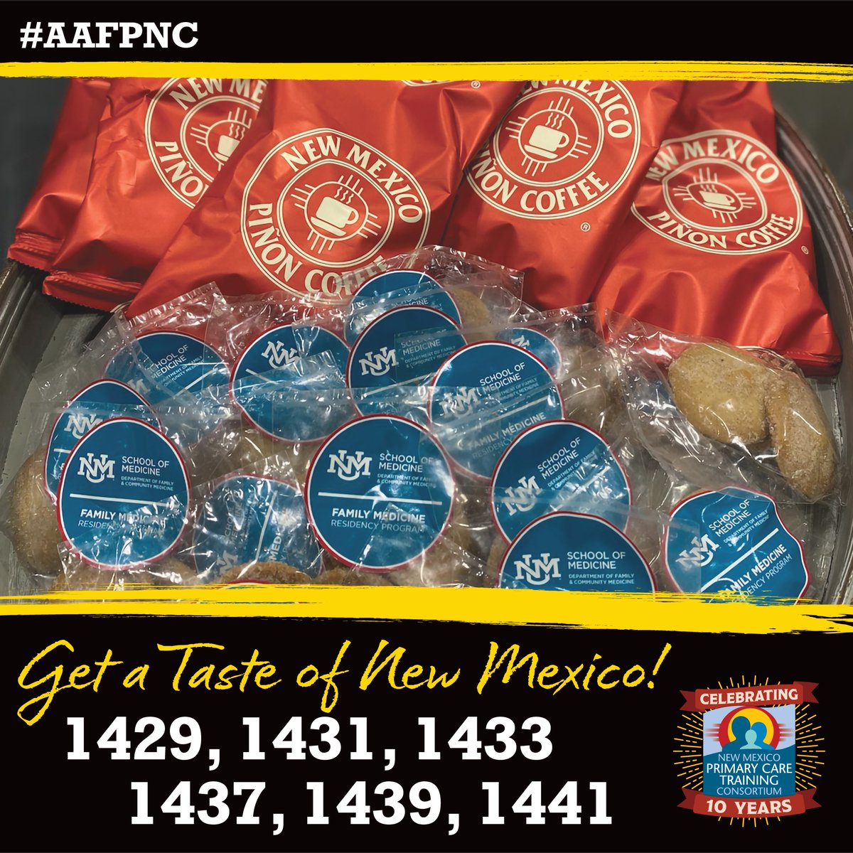 NMPCTC's tweet photo. Last chance to see us in the expo hall! Stop by for a chat and take home some New Mexican piñon coffee and biscochitos!
#AAFPNC #AAFP #Match2024 #FMMatch2024 #FMRevolution #InsideTheMatch #FamilyMedicine #FamilyPhysician #ResidencyLife #MatchMadeinNM #FamilyMedicineResidency https://t.co/VJOrbJwpMD