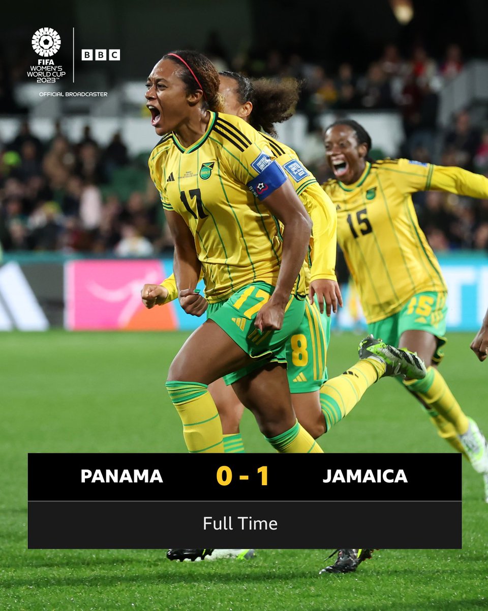 BBCSport's tweet photo. 🙌 History made by the Reggae Girlz 🇯🇲

Jamaica have won their first ever Women's World Cup match! 🥳

#FIFAWWC #PAN #JAM https://t.co/14XFNtUHKx