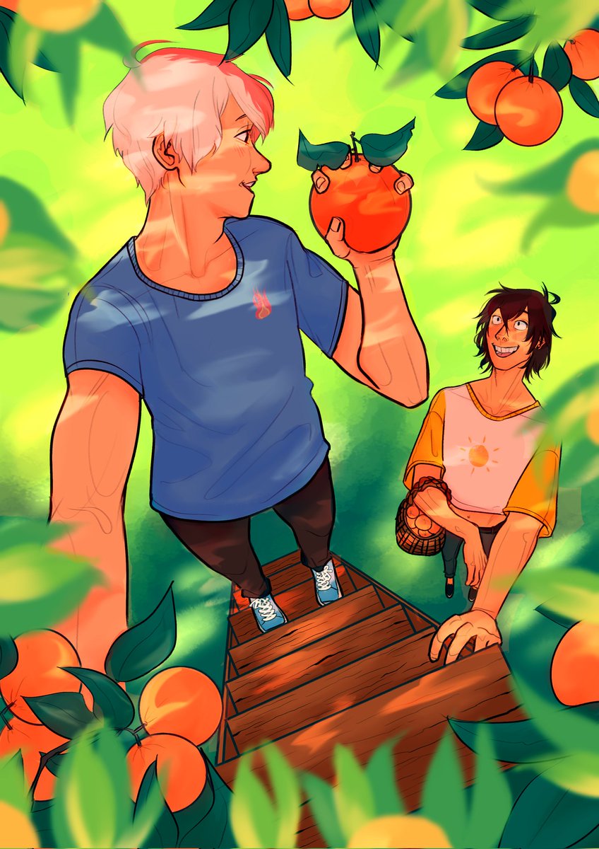keithedrifter's tweet photo. so yeah I'm a bit late posting this bc my life is bonkers but this is my piece for the @SerorokiZine I did! The boys going on an orange-picking date 🍊❤️💙💛🖤 #seroroki https://t.co/GG1VTbjLat