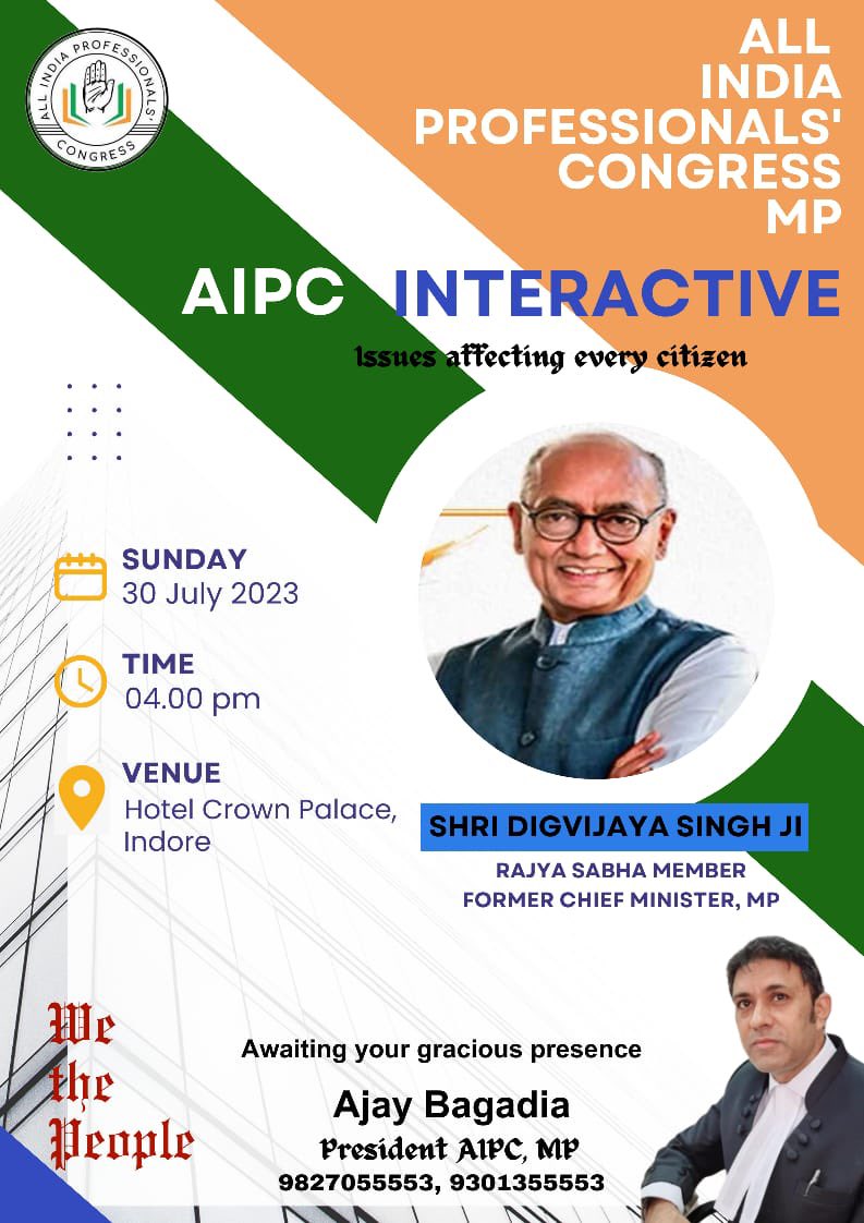 ProfCong's tweet photo. #EventAnnouncement
.@AIPCMP invites you to an #AIPCInteractive session on “Issues Affecting Every Citizen” with Shri. @digvijaya_28 ji, Rajya Sabha Member and Former CM of Madhya Pradesh.
Details below.
#ProfessionalsForProgress https://t.co/vobEF320ZG