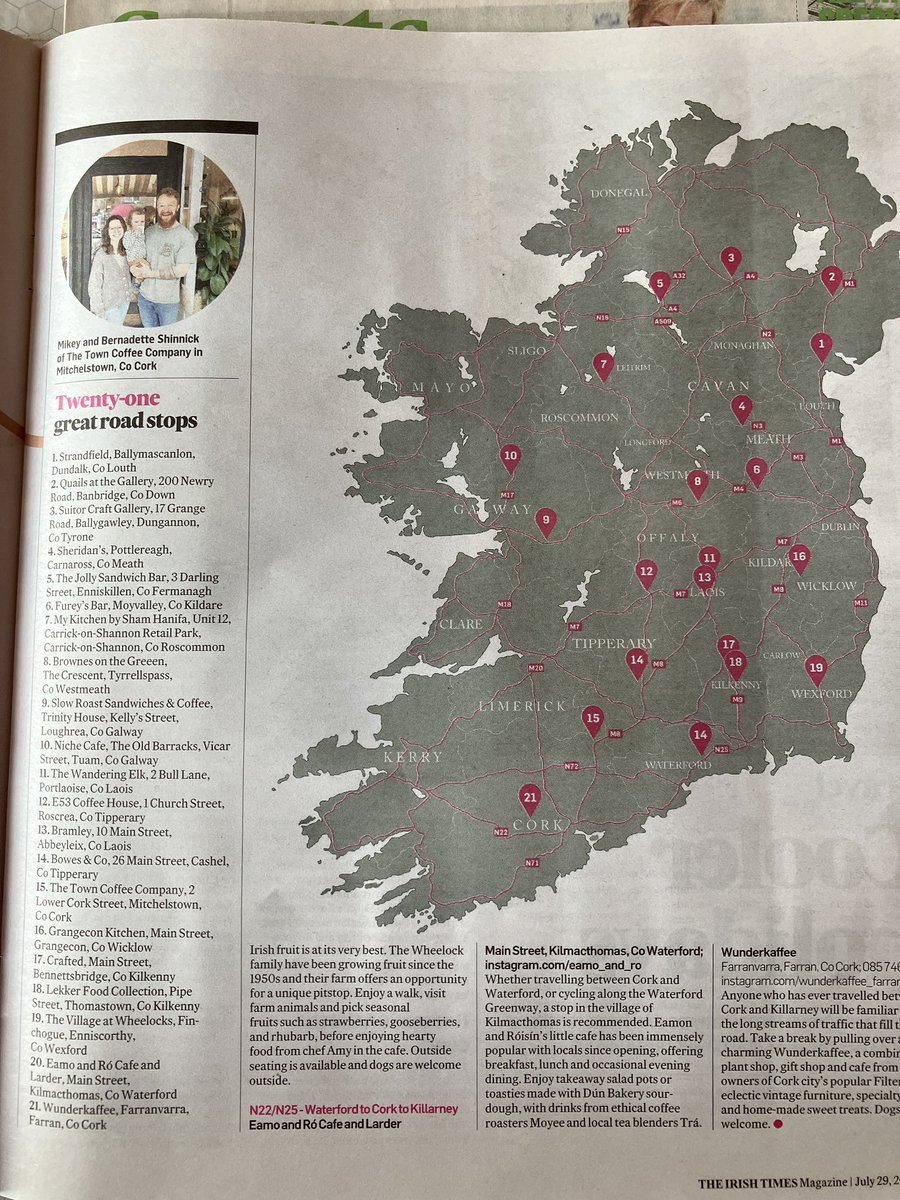 Nice review of Eamo and Ró Cafe and Larder in Kilmacthomas in today’s @IrishTimesMag 
Listed as one of 21 great road stops #kilmacthomas #waterfordgreenway