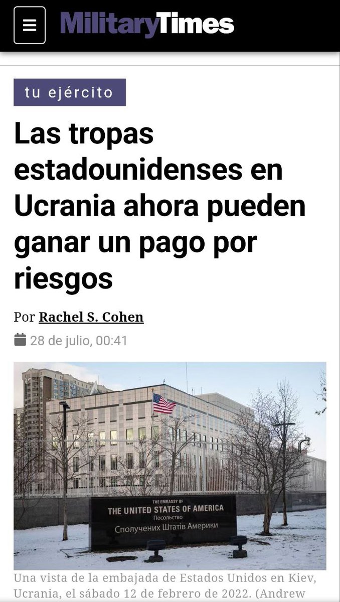 🇺🇸🇺🇦 El Pentágono autorizó un pago adicional por riesgos para las tropas estadounidenses que prestan servicio en Ucrania.

Según Military Times, los miembros del servicio en Ucrania ahora pueden ganar 7.50 dólares adicionales por día, con un tope de 225 dólares por mes, además de
