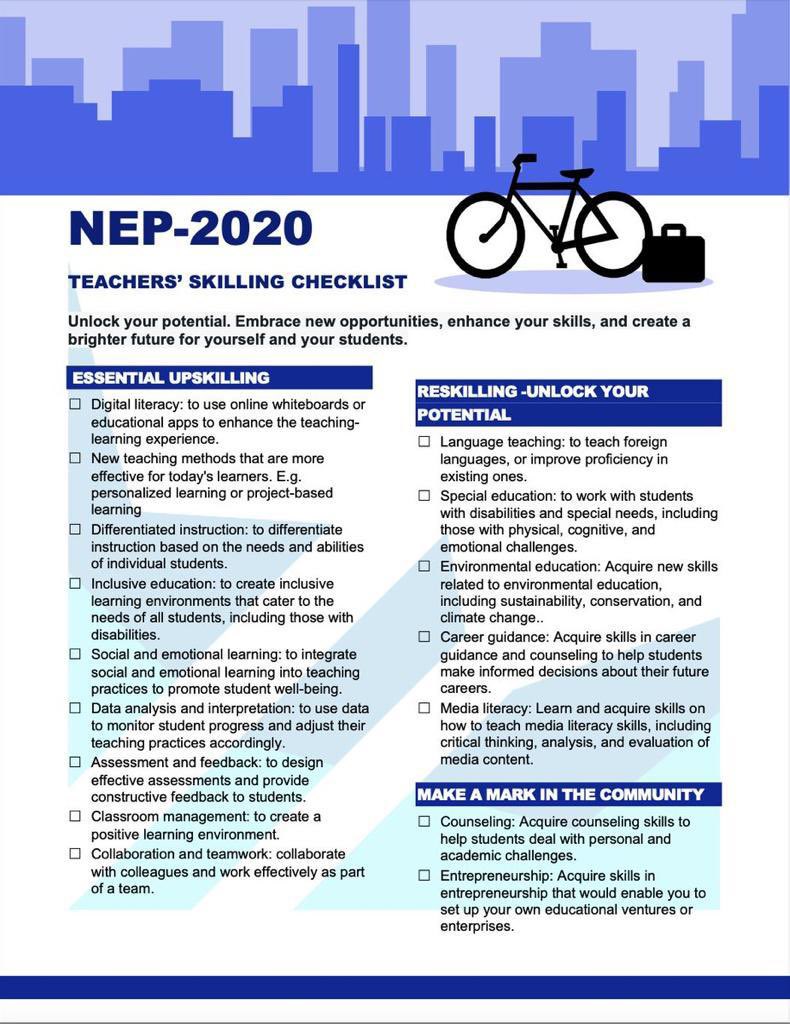 Myelin60595551's tweet photo. #3YearsOfNEP #NationalEducationPolicy is a big &amp; positive change for the Indian education system and a shift in the learning mindset. Teachers' responsibilities will increase multi-fold and they need to adopt certain essential skills quickly. Here is quick compilation. @NEP2020 https://t.co/dfb1DcZMHS