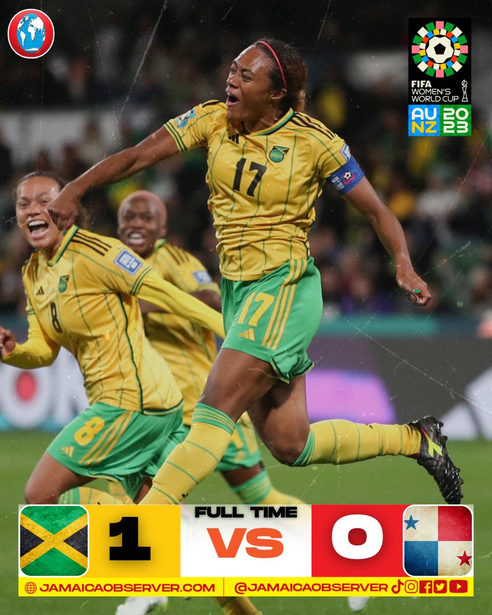 JamaicaObserver's tweet photo. Jamaica register their first victory at the Women’s World Cup as they prevail 1-0 against debutants Panama, who are subsequently eliminated with a match to spare. 

#FIFAWWC
#FIFA2023
#WOMENSWORLDCUP
#JamaicaObserver 
#AlwaysAhead
#OSports https://t.co/EkvJqP0tG9