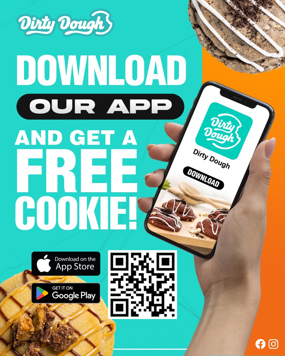 Here's a sweet deal: Download the Dirty Dough app right now, and as a thank-you treat, you'll get a FREE cookie of your choice! Yes, you heard it right – a FREE cookie is waiting for you! 🙌 #CookieLovers #DownloadNow