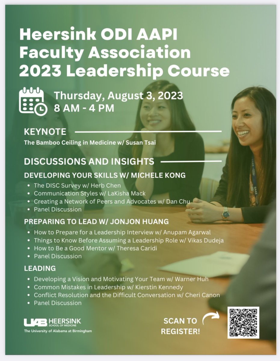 Excited to moderate the last session of @UABAAPI leadership course and pick the brains of UAB leaders @CheriCanon @OhHeyDrKay @WarnerHuhUAB on how they’ve moved the needle forward on leadership, advocacy, and DE&I. Come join us! @UABHeersink @uabmedicine @UABNews