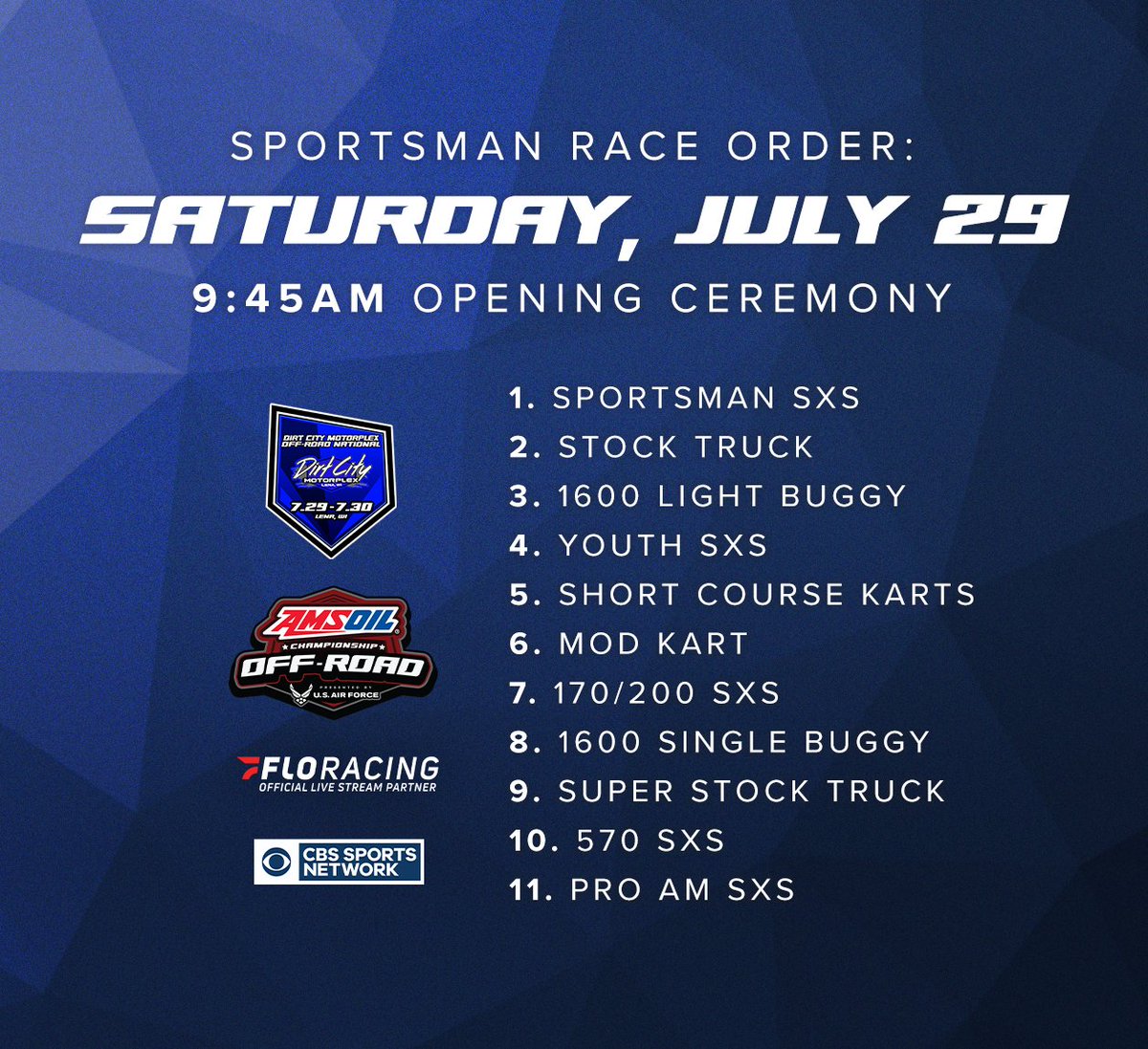 The docket. ⏰ Order of events for Round 7️⃣ at Dirt City Motorplex.

Event info: champoffroad.com/dirtcity 

#champoffroad #offroad2023 #shortcourse #amsoiloffroad