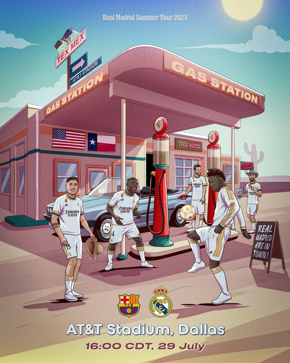 realmadridarab's tweet photo. 🤩 #الكلاسيكو يصل إلى دالاس! 
🆚 @fcbarcelona_ara
⏱️ 23:00 CEST | 00:00 🇸🇦 
🏟️ ملعب AT&amp;T 
🏆 سوكر تشامبيونز تور 
#️⃣ #RealMadridOnTour https://t.co/U53XLUhDiX