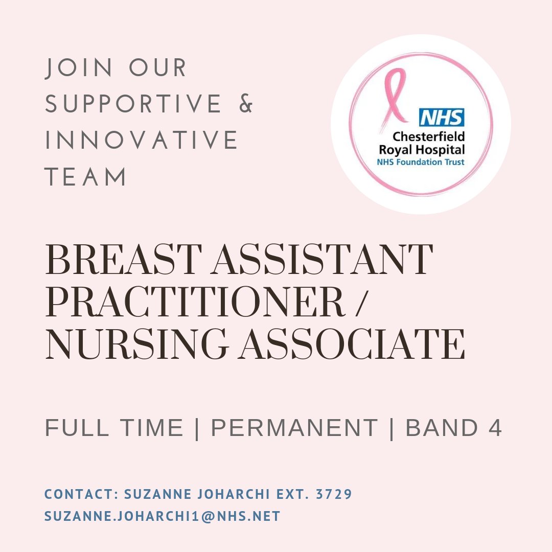 An exciting opportunity to join our incredible team - Breast Assistant Practitioner/Nursing Associate - full time, band 4. #NursingAssociate #AssistantPractitioner #breastcancer #oncology #NHSJobs @royalhospital chesterfieldroyal.nhs.uk/work-us/curren…