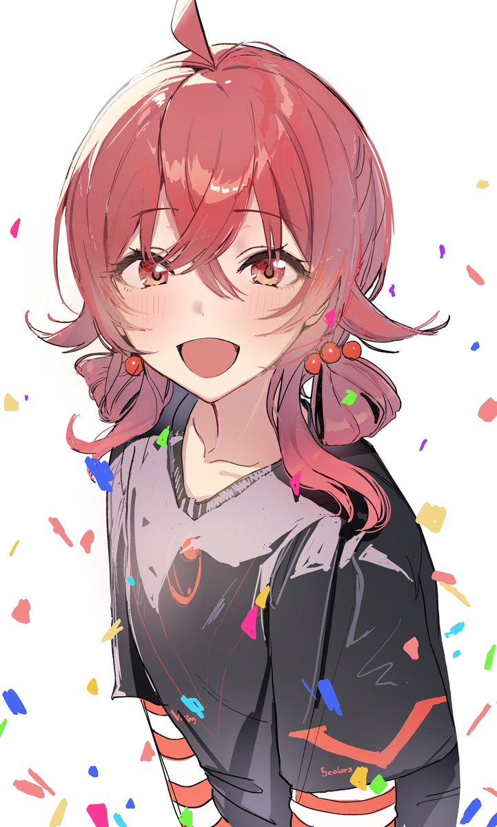 komiya kaho 1girl solo smile looking at viewer confetti red hair ahoge  illustration images