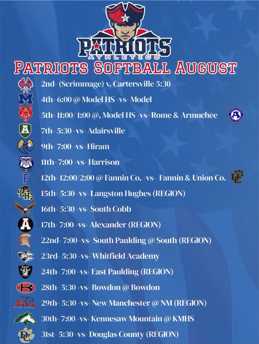 PCHS Softball (@pchsfastpitch) on Twitter photo A lot of chances to come catch your Patriots in action on the diamond in August! Ready to get started on a great year!! A lot of hard work this summer about to pay off!! <a href="/PCPatriotsports/">PCHS Patriots</a> <a href="/TheCoachesBoxGA/">Coaches Box Georgia</a> A lot of chances to come catch your Patriots in action on the diamond in August! Ready to get started on a great year!! A lot of hard work this summer about to pay off!! <a href="/PCPatriotsports/">PCHS Patriots</a> <a href="/TheCoachesBoxGA/">Coaches Box Georgia</a>
