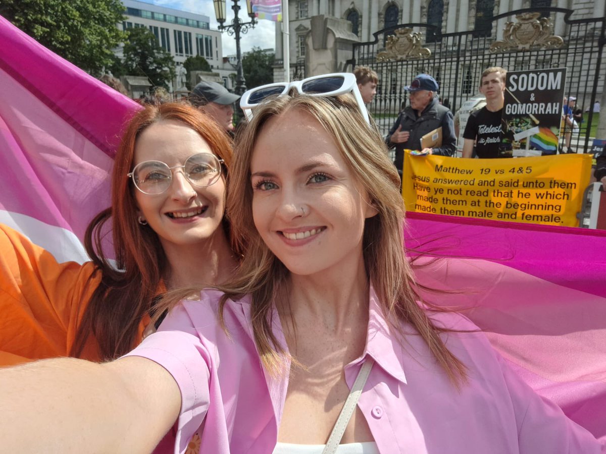Aoibhiin's tweet photo. We made sure to take pictures in front of the bible bashers. 
Happy Belfast Pride 🏳️‍🌈 https://t.co/UAkItkGS4r