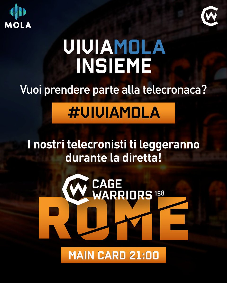 _Como_TV's tweet photo. Prendete parte alla diretta!
Fate le vostre domande od osservazioni sugli incontri usando l'#Viviamola

🎙️ @mghironi93 e @DanyGue4 vi risponderanno live

#CageWarriors #CWRoma #CW158 #Mola https://t.co/6TMb7nwGr2