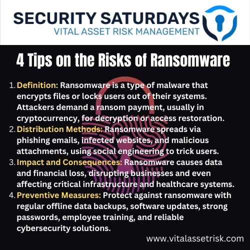 Vital_Asset_Sec's tweet photo. 🔒 #SecuritySaturdays: Defending Against Ransomware! 🔒Ransomware encrypts files or blocks system access, demanding ransom for restoration. Learn how to protect yourself - Regular backups, software updates, strong passwords, & cybersecurity solutions are essential defenses. #yyc https://t.co/uhIwlLQJm6