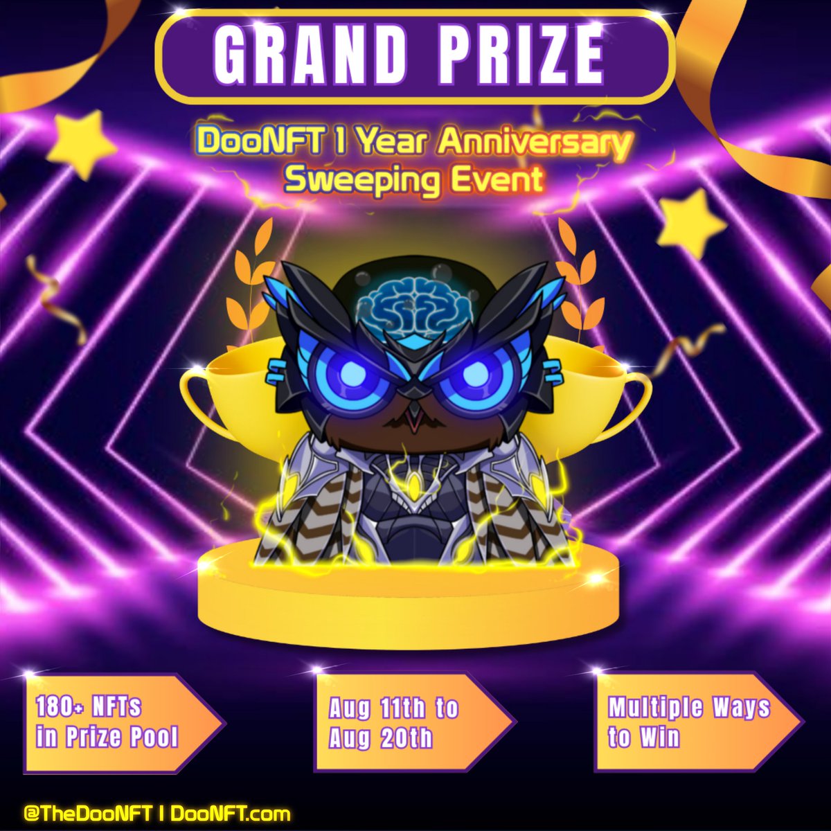 Enough with these small sweeping events. 

On Aug 11th, the action begins <a href="/TheDooNFT/">DooSwap | $CHUCKY | DooNFT</a>!

Two events, one on #Polygon, one on #Cronos, and over 180 #NFTs in the prize pool 🔥

Two GRAND prizes
1 x <a href="/OwlphaNFT/">OWLPHΛ</a> (rank 1054)
1 x <a href="/BoomerSquadNFT1/">BoomerSquad & PUUSH</a> (rank 290)

Join Now 👇