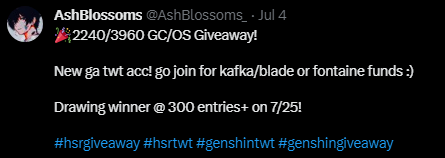 AshBlossomsGA's tweet photo. @xoHeyDay CONGRATS TO @ayatos_bobatea ! Since we didnt meet 300 entries I'm gonna give a welkin/express supply pass instead! Please DM me in 24 hours on discord to receive prize! <3 https://t.co/6apEQOdTeG