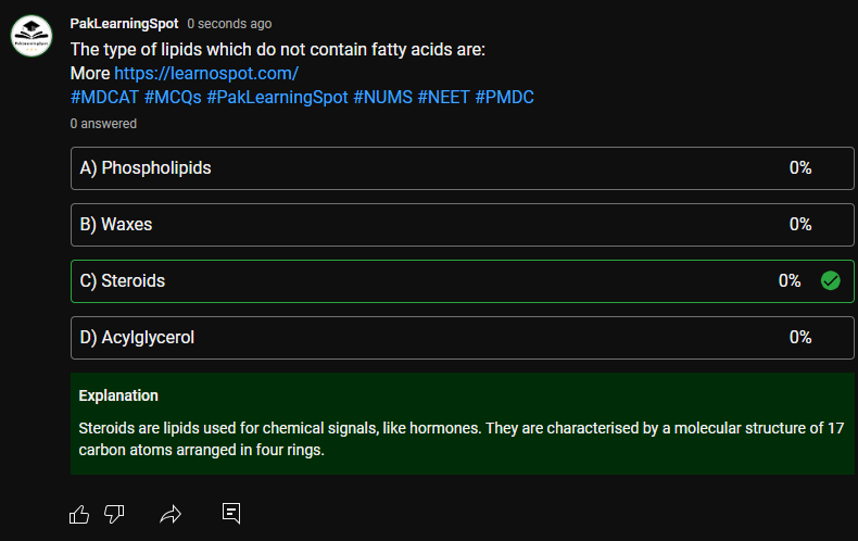 theplsacademy's tweet photo. The type of lipids which do not contain fatty acids are: More https://t.co/WlDpqLNfLv #MDCAT #MCQs #PakLearningSpot #NUMS #NEET #PMDC https://t.co/Ds1xyX7VwA