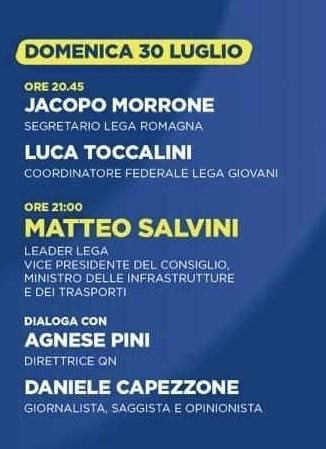 Capezzone's tweet photo. Domani sera, dalle 20.45, sarò a Cervia, alla festa della @legasalvini (grazie @jacopomorrone per l’invito). Insieme al direttore del Qn Agnese Pini intervisterò il vicepremier e ministro di Infrastrutture e Trasporti @matteosalvinimi. A domani 🤗 https://t.co/z8ScBWMUzE