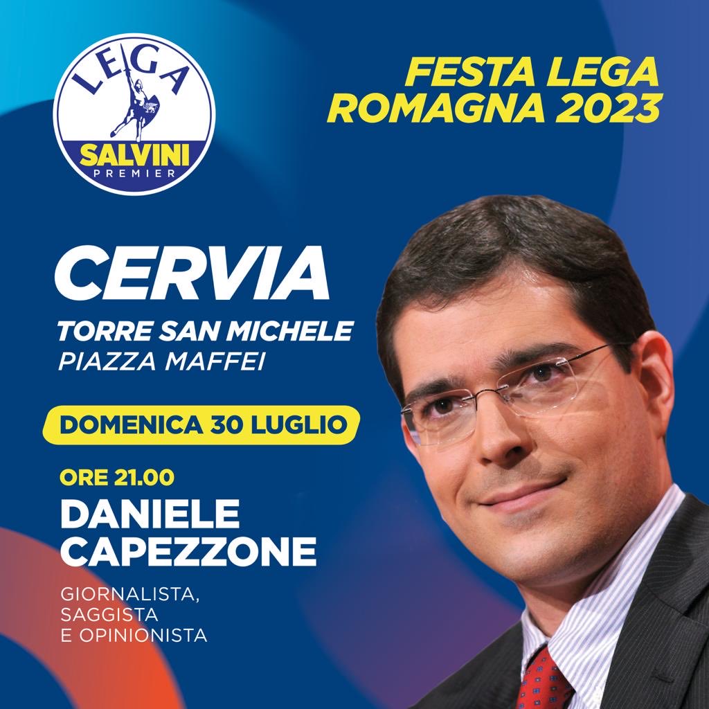 Capezzone's tweet photo. Domani sera, dalle 20.45, sarò a Cervia, alla festa della @legasalvini (grazie @jacopomorrone per l’invito). Insieme al direttore del Qn Agnese Pini intervisterò il vicepremier e ministro di Infrastrutture e Trasporti @matteosalvinimi. A domani 🤗 https://t.co/z8ScBWMUzE