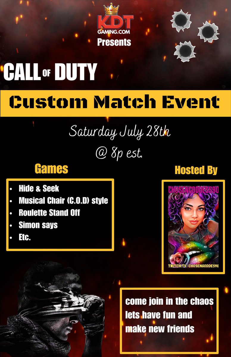 Come one come all for exciting and chaotic fun as I host Call of Duty Custom Match Event tomorrow at 8pm est.  @KDTGAMINGLLC @JayeverydayKDT @JazziexBooKDT @Taestyy #CallofDuty