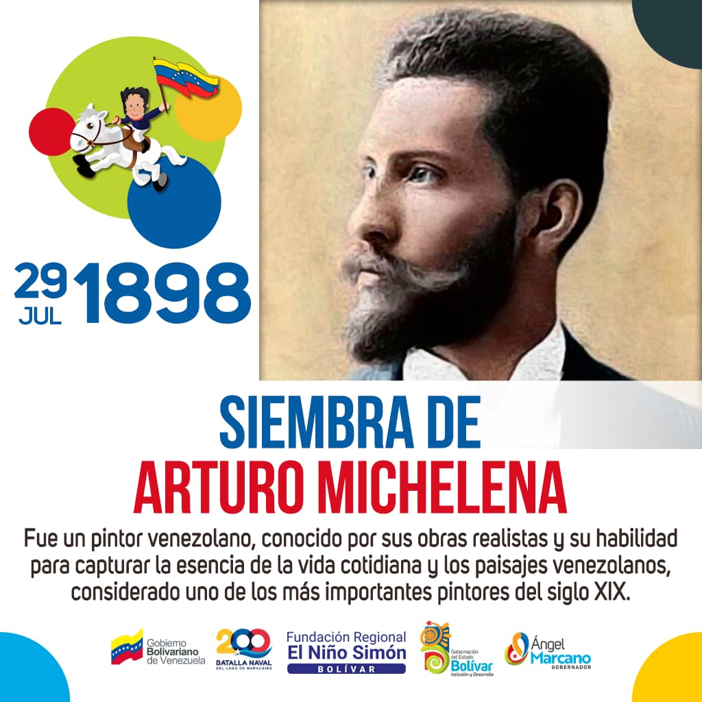 #TalDíaComoHoy #29Julio de 1898, falleció a los 35 años de edad, el pintor venezolano Arturo Michelena.
#FrnsEdoBolívar
#GestiónÁngelMarcano
<a href="/NicolasMaduro/">Nicolás Maduro</a>
<a href="/ConCiliaFlores/">Cilia Flores</a>
<a href="/FNNSimon/">Fund. El Niño Simón</a>
<a href="/YajairaAPsuv/">Yajaira Arocha</a>
<a href="/AMarcanoPsuv/">Ángel Marcano</a>
<a href="/_LaAvanzadora/">Yelitze Santaella</a>
<a href="/BolivarZe/">Centro de Desarrollo Calidad Educativa Bolivar</a>
<a href="/BrizeidaQ/">BRIZEIDA QUIÑONES</a>