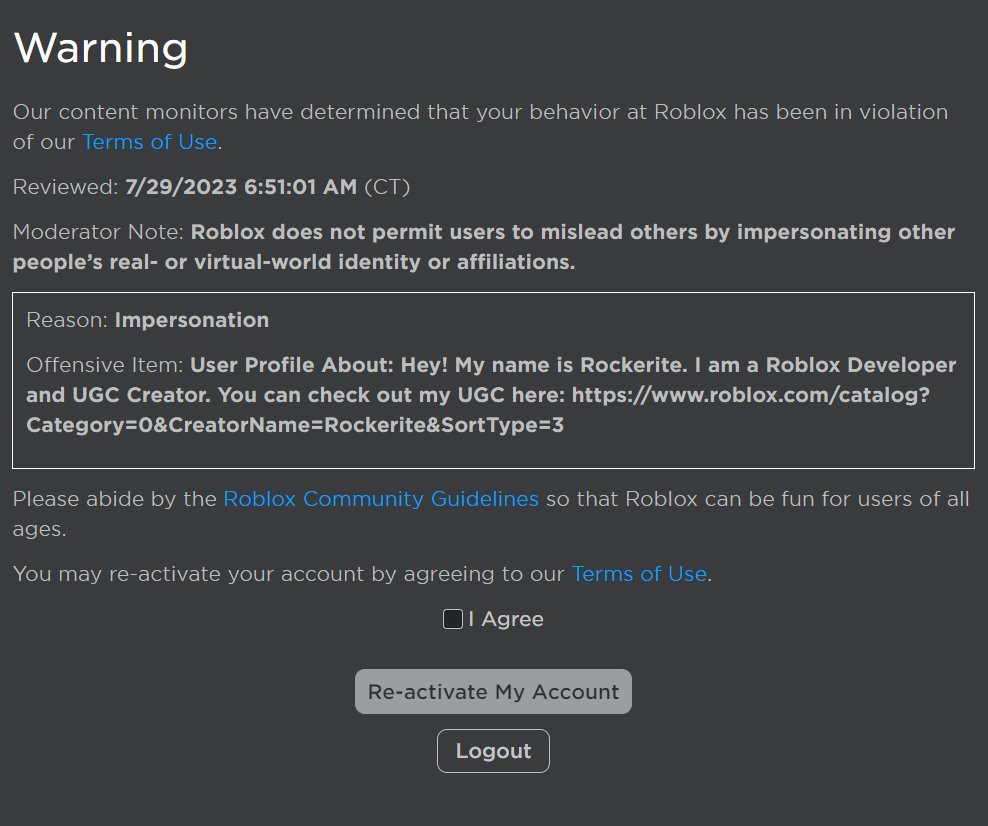 Well, this is a new one! I got a warning for impersonating... myself! This is peak Roblox moderation.
