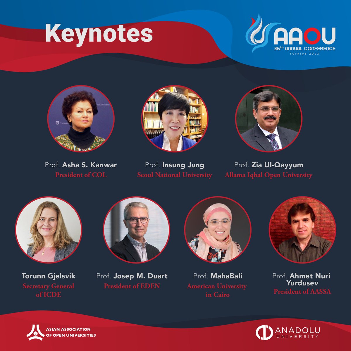 📣❗️ We are thrilled to announce that Ahmet Nuri Yurdusev, @AshaKanwarCOL <a href="/Bali_Maha/">Maha Bali, PhD مها بالي 🌵🇵🇸</a>, <a href="/jduart/">Josep M Duart</a>, <a href="/InsungJung33/">InsungJung</a>, <a href="/TorunnG/">Torunn Gjelsvik</a> and Zia UI-Qayyum will be the keynote speakers at the 36th AAOU Annual Conference.
📆 Save the date: 28-30 September 2023
📍 Istanbul / Türkiye