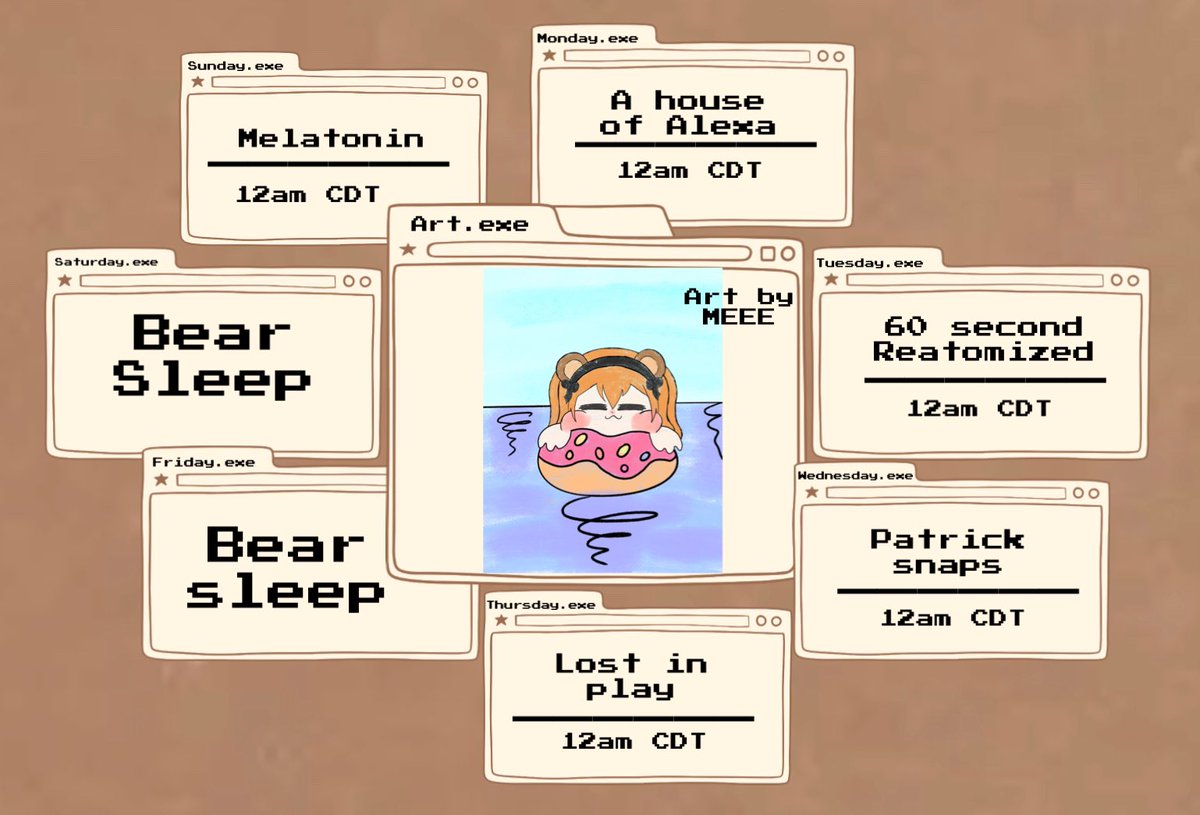 LunarB0ear's tweet photo. Schedule!!!!! from july 30 - 3rd of August
TAGS:
General:#lunarbear
Art;#beART
Live:#lunarlive
Assets: #bearASS
Meme.#funnybear
Thumbnails: #bearthumb
Clips: #bearclips https://t.co/5QpJtYWpOb