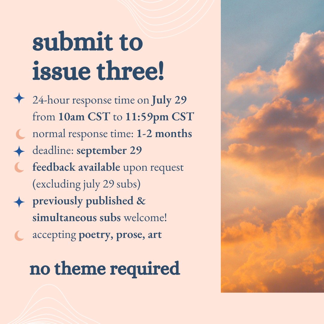 submissions for ISSUE III are OPEN until sept 29! all july 29 (10AM - 11:59PM CST) subs will receive a decision within 24 hours. we're looking forward to reading your poetry, prose &amp; art ❤️‍🔥🪐🌙 

docs.google.com/forms/d/e/1FAI…