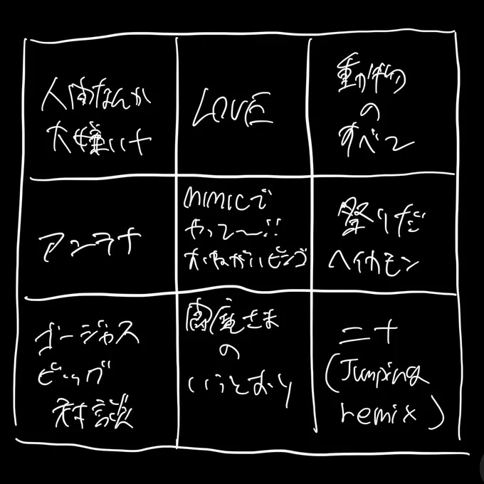 字めっちゃきたなくて申し訳ないんですけど、MIMIC前にMIMICでやっておねがいおねがいおねがいビンゴ作ってたんですけどまさかこんなに埋まってビンゴするとは思わんじゃんね…………全部の曲がめちゃめちゃ嬉しかったです……