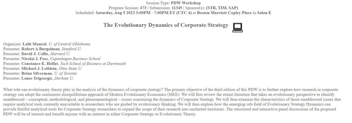 NicolaiFoss's tweet photo. "Evolutionary Dynamics of Corporate Strategy" PDW at the Academy of Management , Saturday Aug 5! With Burgelman, Collis, Foss, Helfat, Leiblein, Silverman, and Trigorgis. Org by Lalit Manral. https://t.co/wgAWOh0UQb